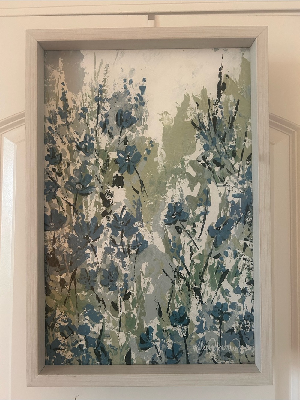 Blue and Sage Green Floral Abstract Framed Canvas Wall Art
